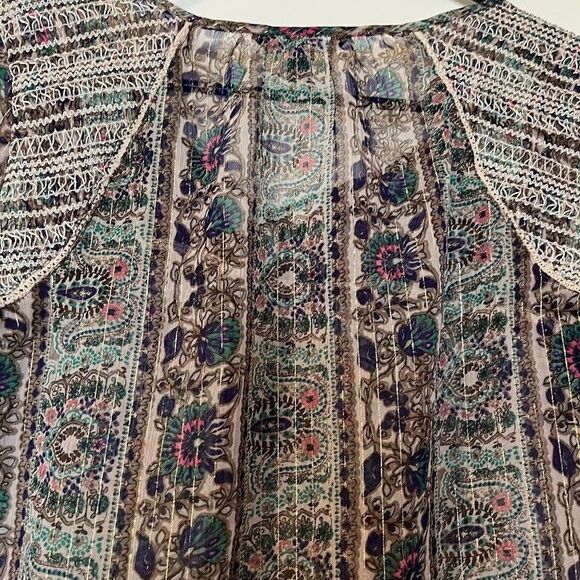American Eagle Bohochic Sheer Green/Pink/Blue/Metallic Gold Tassels Blouse SZ S - Picture 6 of 6